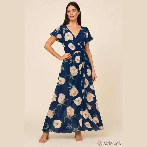 Always Indigo Faux Wrap Flowy Floral Maxi Dress 2X NWT 24 PTP Navy Pink Floral - Picture 2 of 12